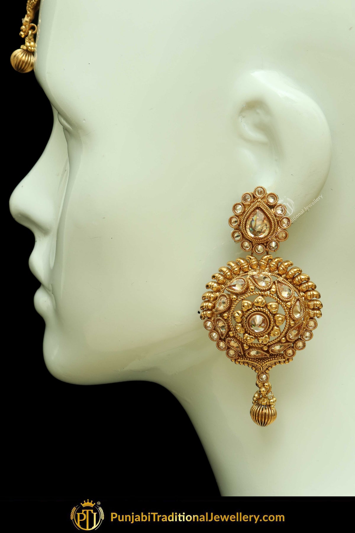 Antique Gold Finised Champagne Stone Earring Tikka Set By Punjabi Traditional Jewellery