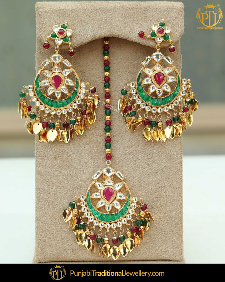 Gold Finished Rubby Emerald Pippal Patti Pearl Kundan Earring Tikka Set | Punjabi Traditional Jewellery Exclusive