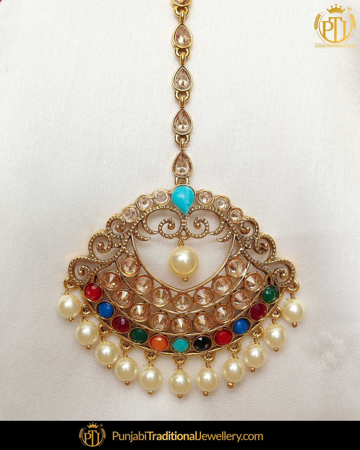Gold Finished Navratan Champagne Stone Tikka | Punjabi Traditional Jewellery Exclusive