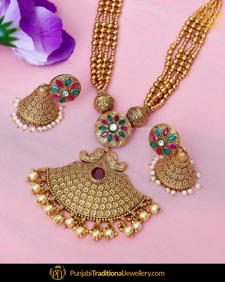 Antique Gold Finished Champagne Stone Rubby Emerald Pearl Johda Long Set  | Punjabi Traditional Jewellery Exclusive
