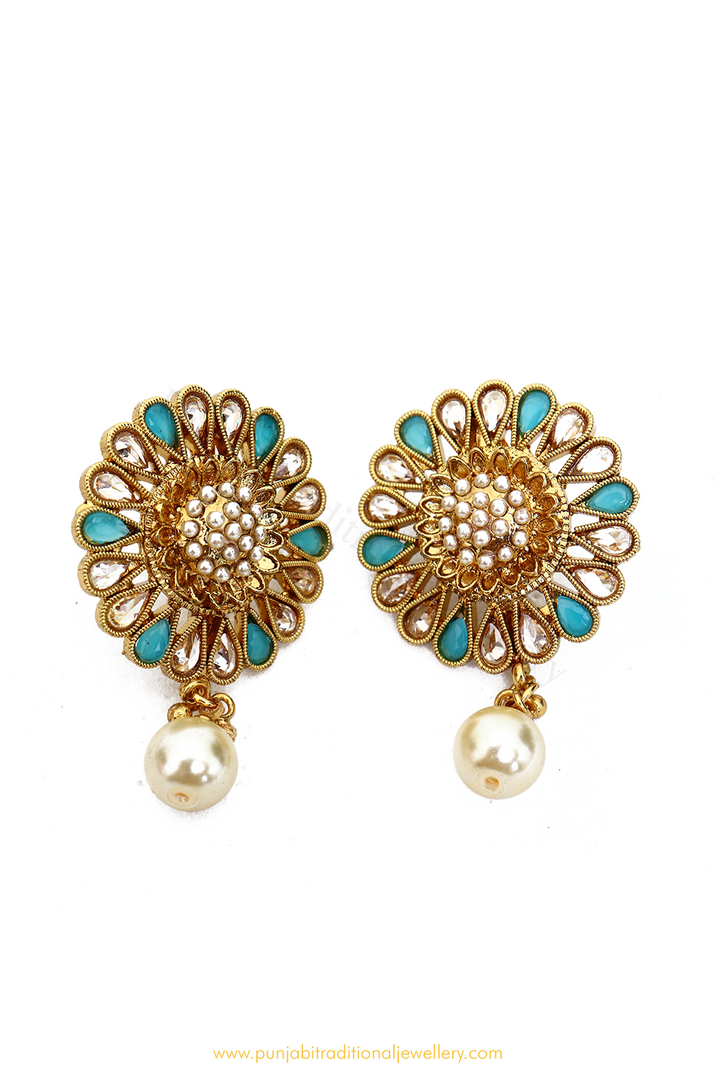 Antique Gold Finished Firoza Polki Studs By PTJ
