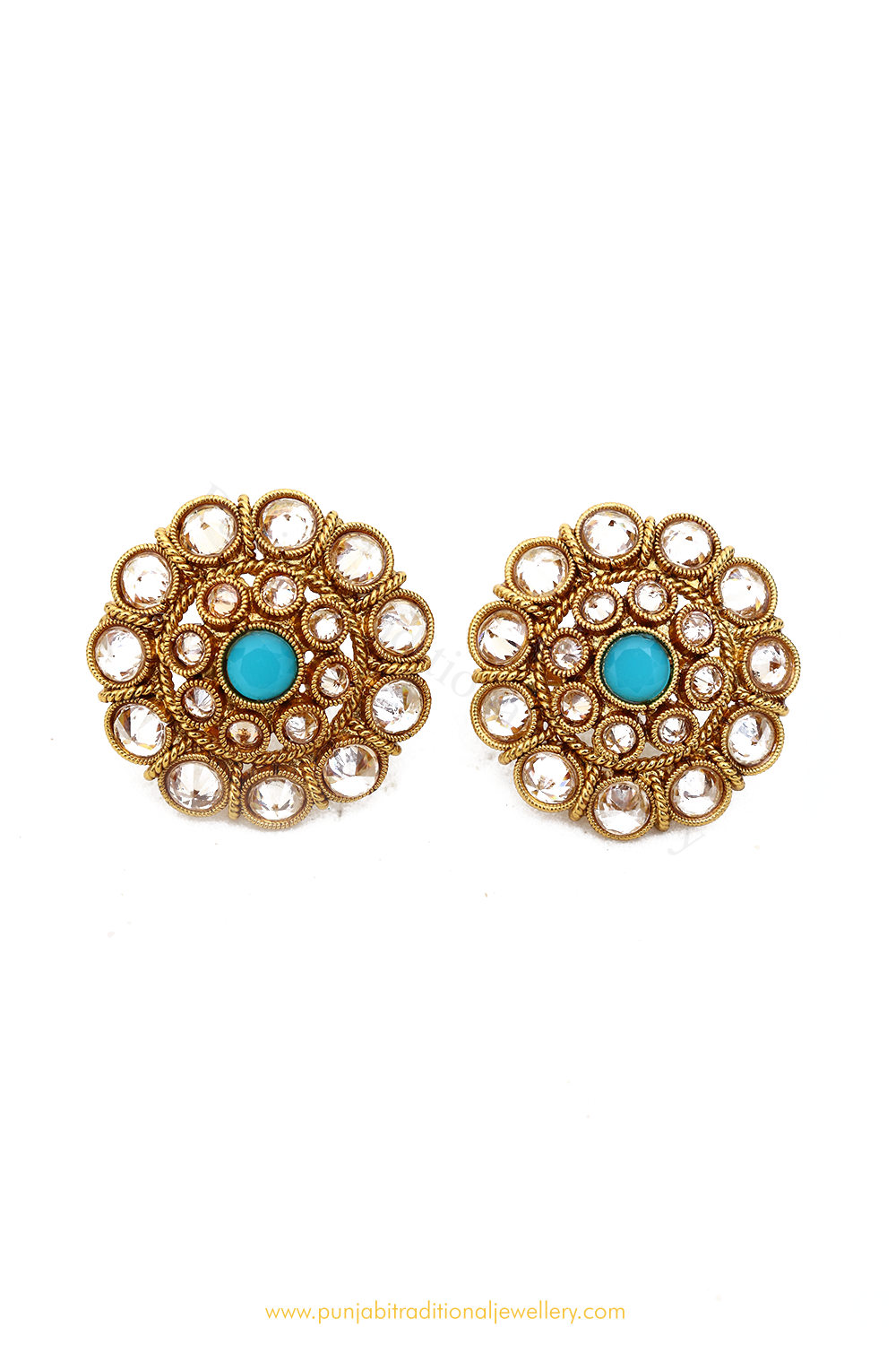 Antique Gold Finished Firoza Polki Studs By PTJ