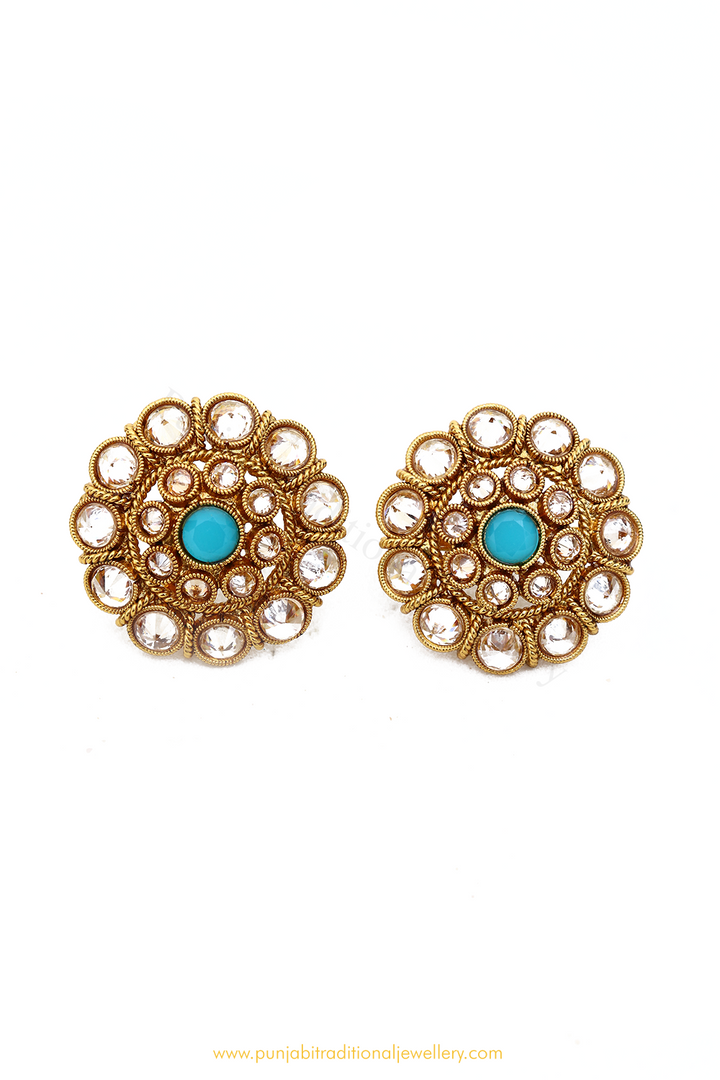 Antique Gold Finished Firoza Polki Studs By PTJ