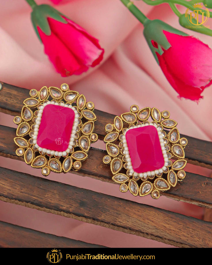 Gold Finished Hot Pink Champagne Stone Stud Earrings | Punjabi Traditional Jewellery Exclusive