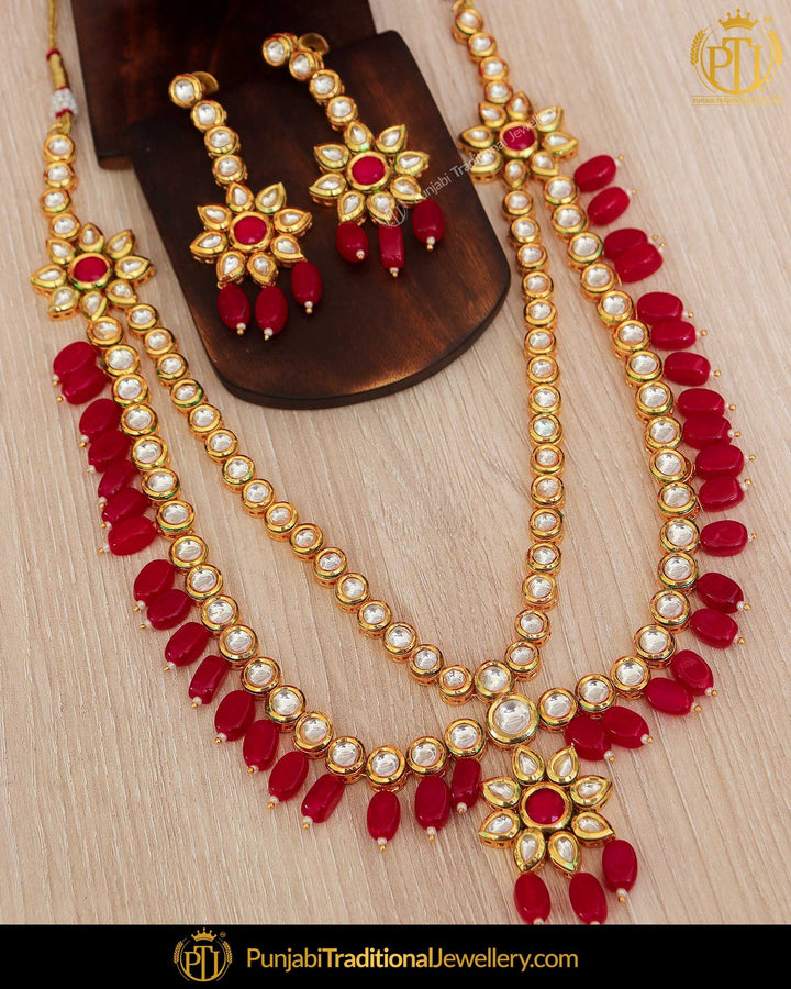 Gold Finished Rubby Pearl Kundan Long Necklace Set | Punjabi Traditional Jewellery Exclusive