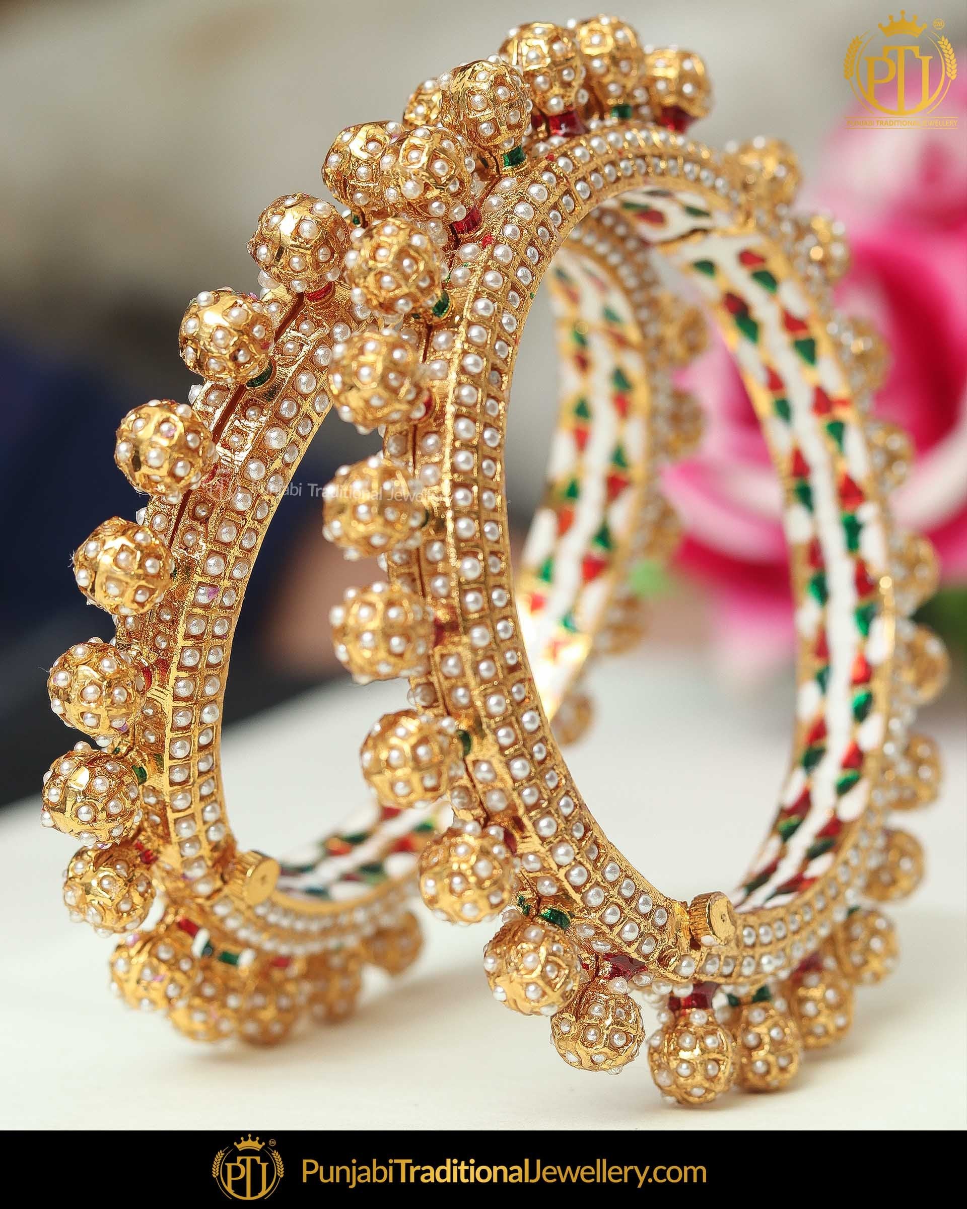 Gold Finished Pearl Karra Bangles (Pair)| Punjabi Traditional Jewellery Exclusive