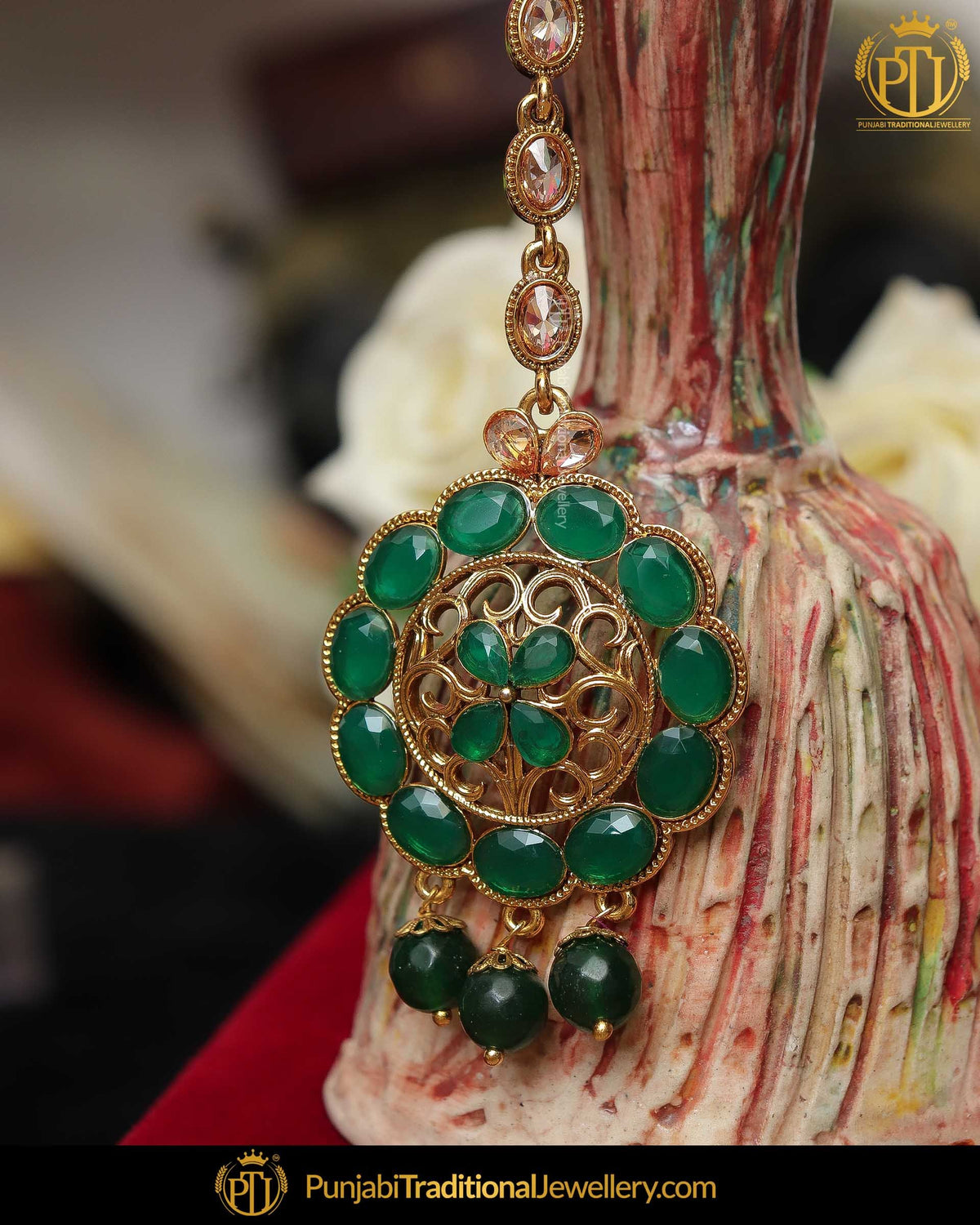 Gold Finished Emerald Champagne Stone Tikka | Punjabi Traditional Jewellery Exclusive