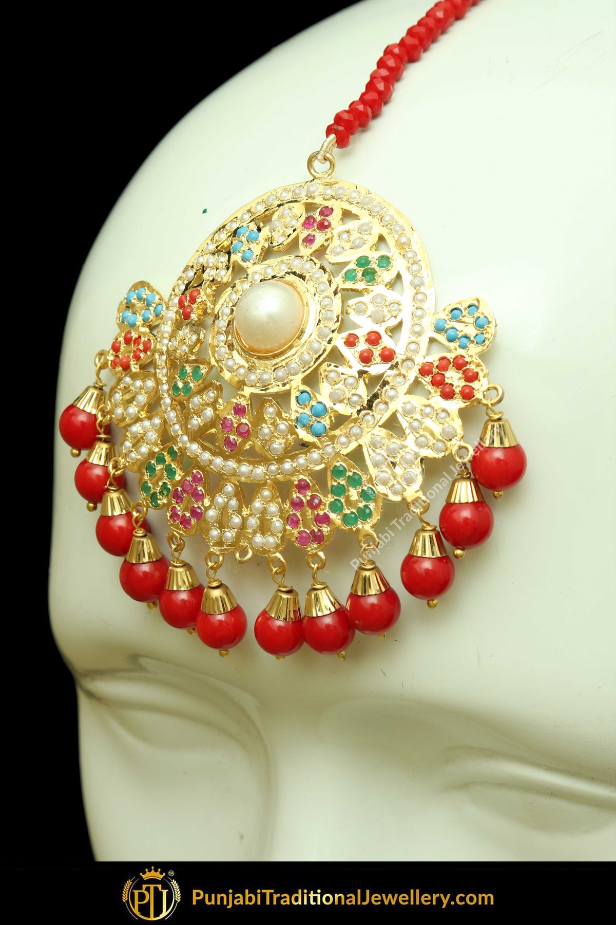Gold Finished Red Jadau Pearl Earring Tikka Set | Punjabi Traditional Jewellery Exclusive