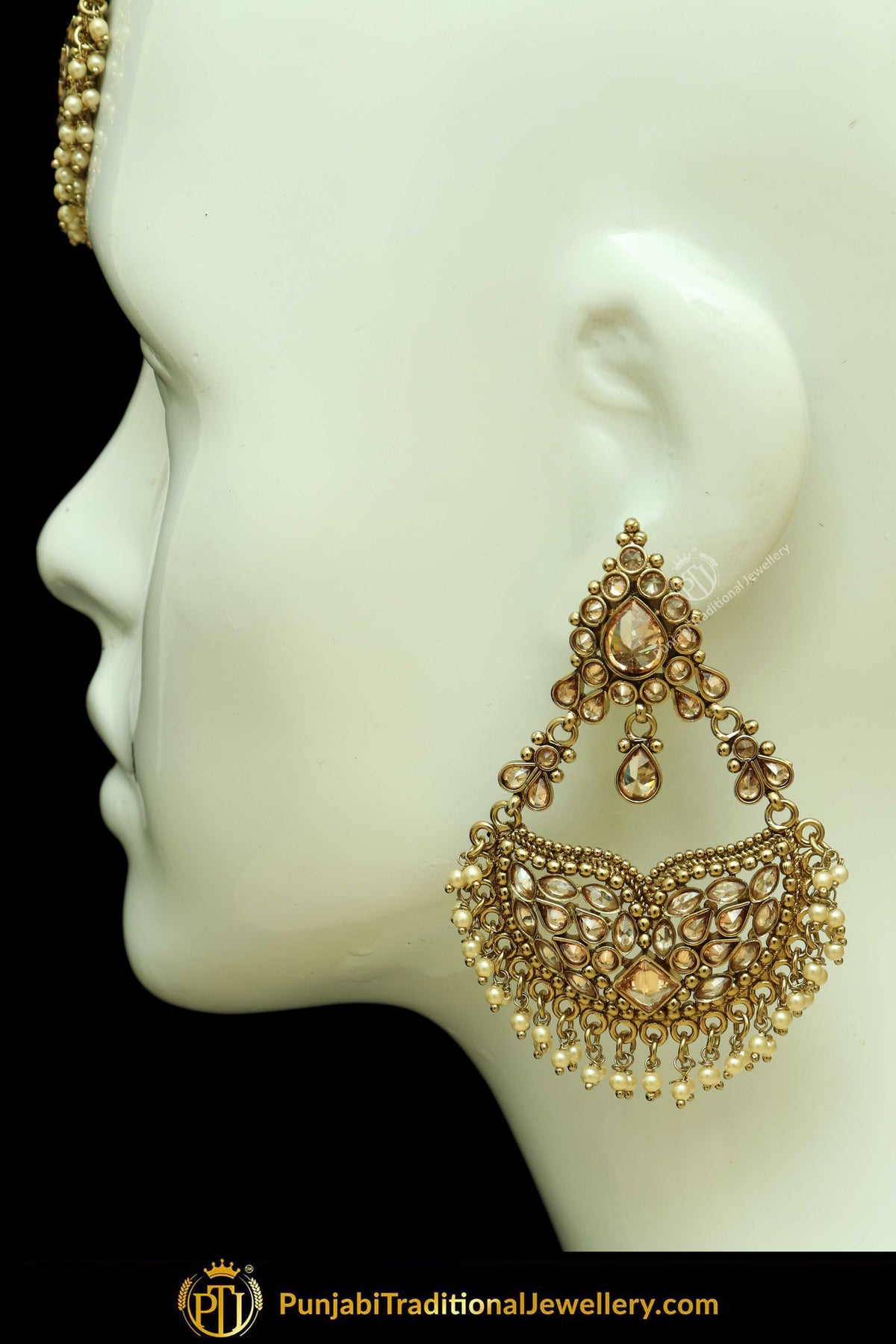 Antique Gold Finised Champagne Stone Earring Tikka Set By Punjabi Traditional Jewellery
