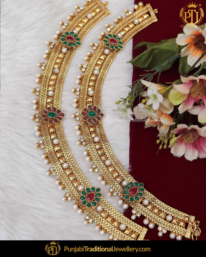Gold Finished Pearl Rubby Emerald Payal | Punjabi Traditional Jewellery Exclusive