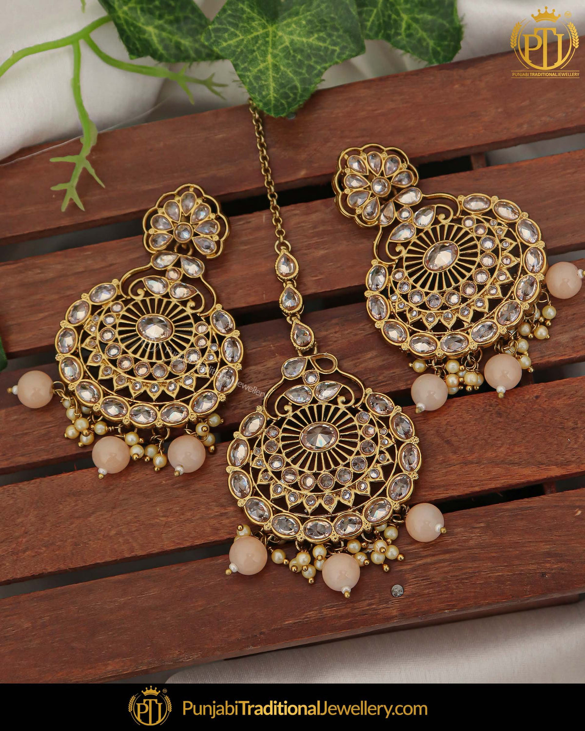 Antique Gold Finished Pearl Peach Champagne Stone Earring Tikka Set | Punjabi Traditional Jewellery Exclusive