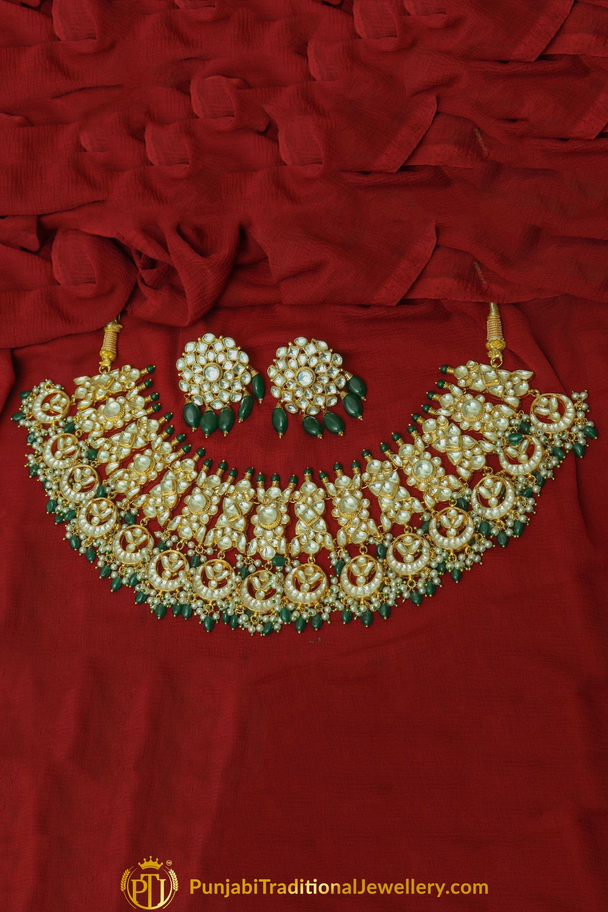 Chandon Emerald Kundan Choker & Earrings | Punjabi Traditional Jewellery Exclusive
