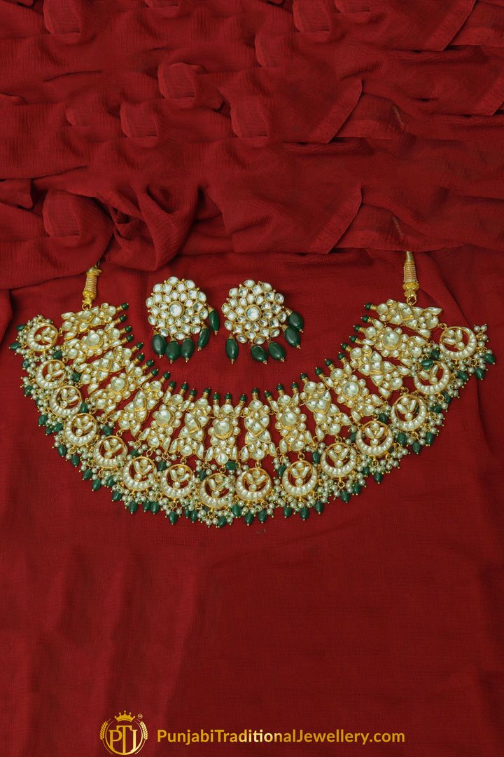 Chandon Emerald Kundan Choker & Earrings | Punjabi Traditional Jewellery Exclusive