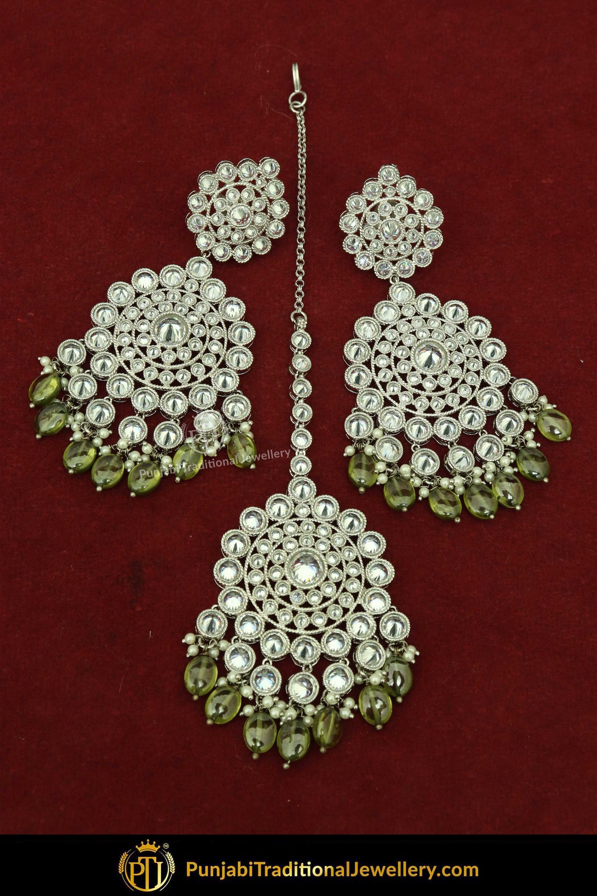 Silver Finished Polki Stone Pista Green Drops Earrings & Tikka Set By Punjabi Traditional Jewellery