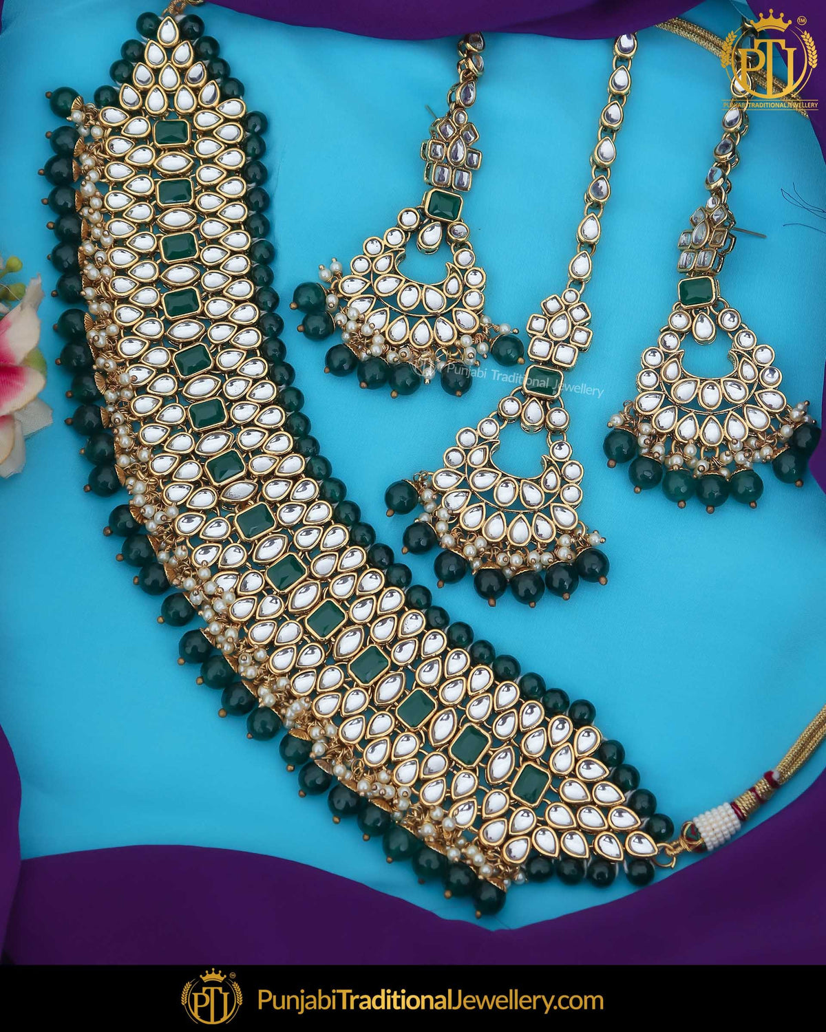 Gold Finished Kundan Pearl Green Choker Necklace Set | Punjabi Traditional Jewellery Exclusive