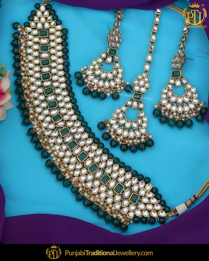 Gold Finished Kundan Pearl Green Choker Necklace Set | Punjabi Traditional Jewellery Exclusive