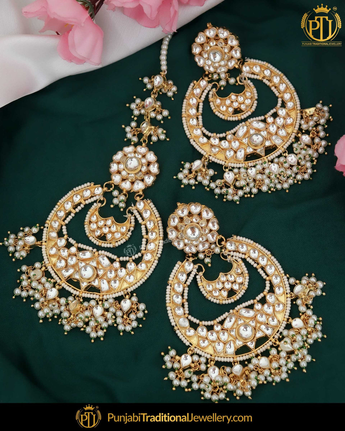 Gold Finished Kundan Pearl Earring Tikka Set | Punjabi Traditional Jewellery Exclusive