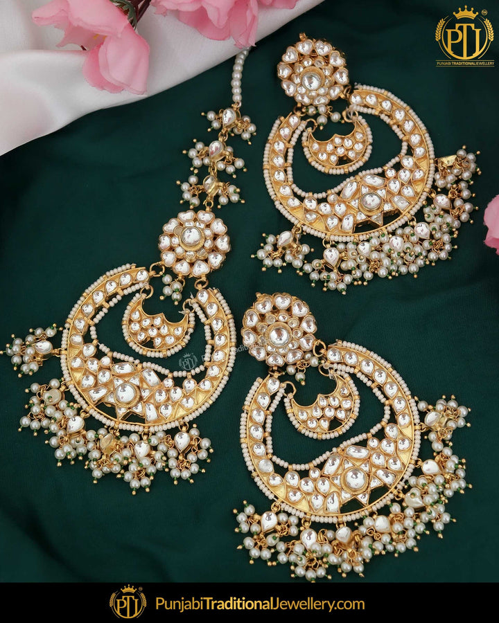 Gold Finished Kundan Pearl Earring Tikka Set | Punjabi Traditional Jewellery Exclusive