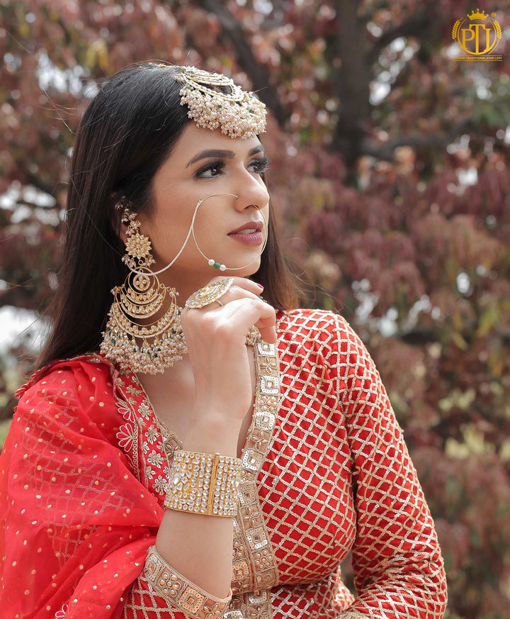 Areefa Kundan Pearl Earring Tikka Set, Nath, Baahi & Ring | Rawayat by Punjabi Traditional Jewellery