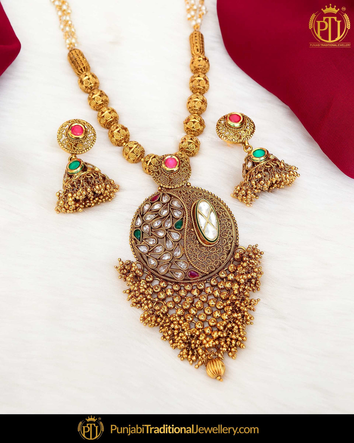 Antique Gold Finished Champagne Stone Rubby Emerald Pearl Johda Long Set  | Punjabi Traditional Jewellery Exclusive