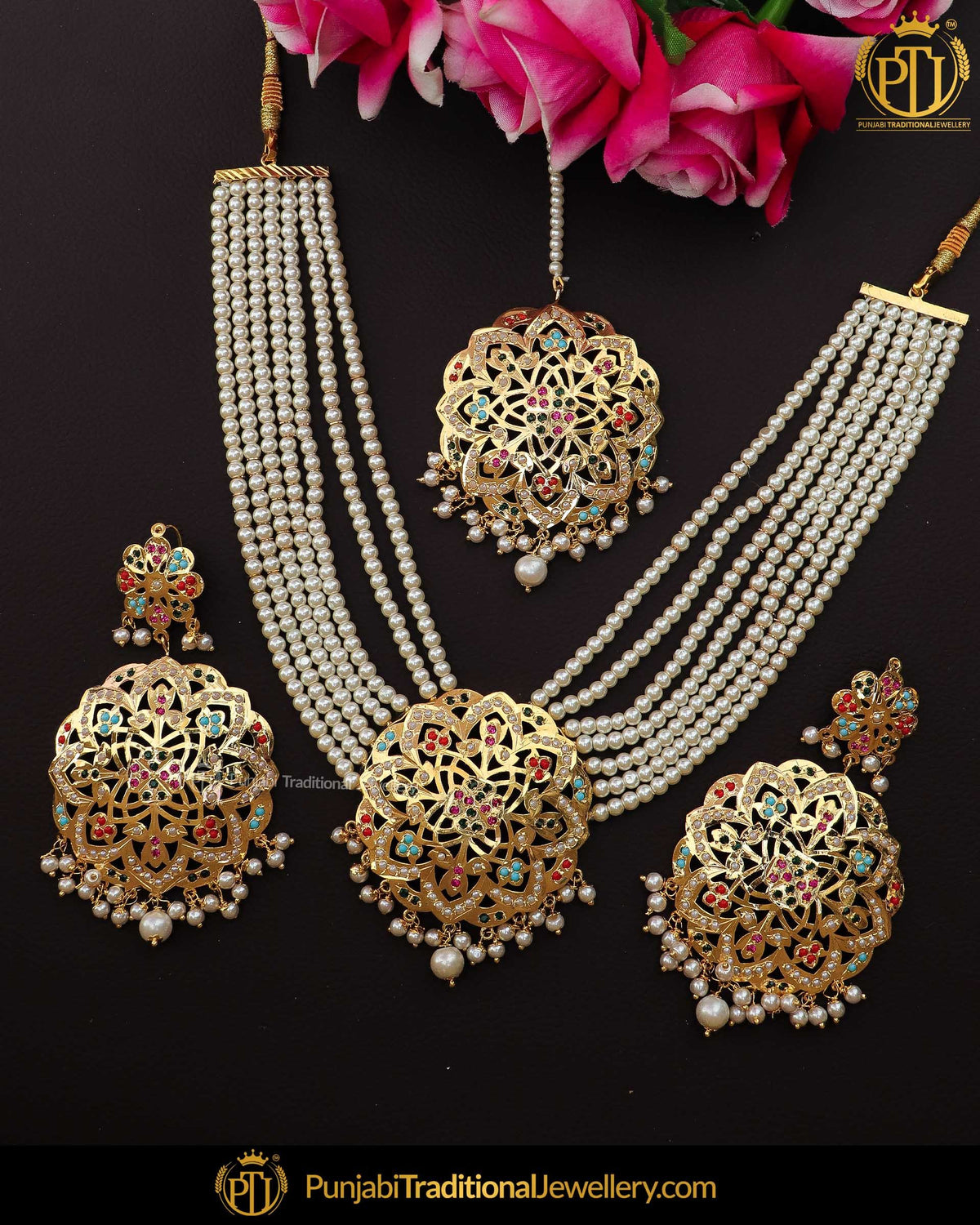 Gold Finished Navratan Pearl Jadau Necklace Set | Punjabi Traditional Jewellery Exclusive