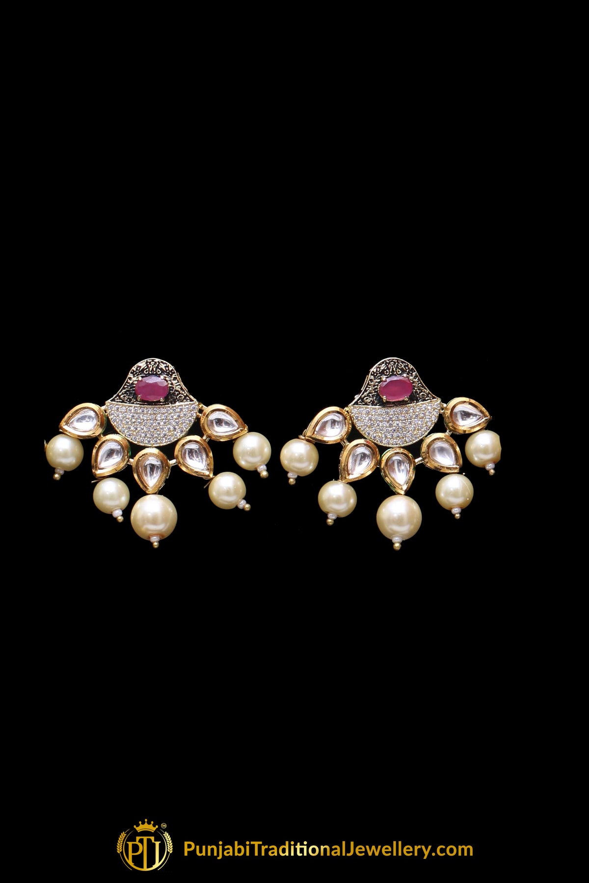 Red Green Kundan Pearl Meena Necklace Set By Punjabi Traditional Jewellery