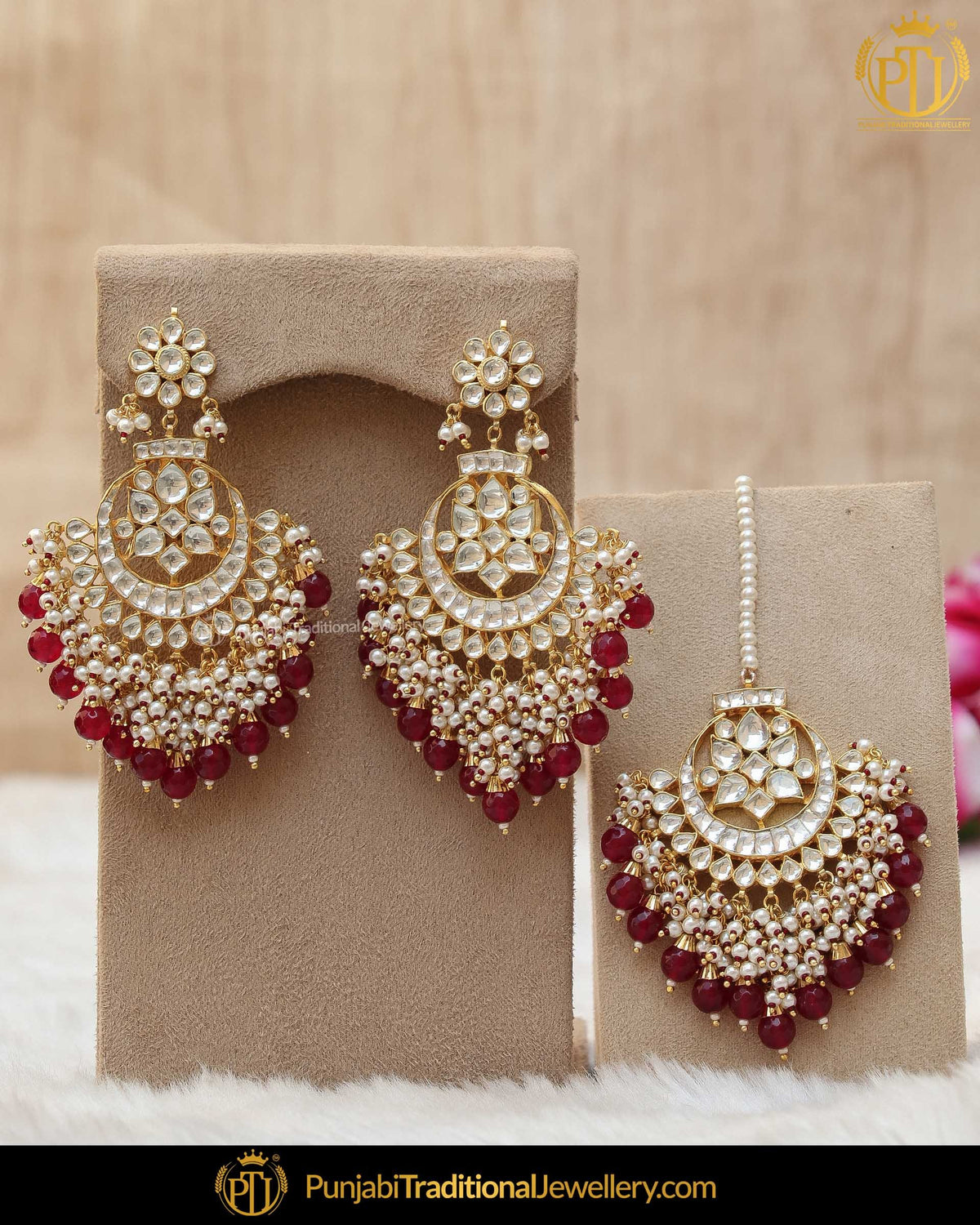 Gold Finsihed Rubby Kundan Pearl Earring Tikka Set | Punjabi Traditional Jewellery Exclusive