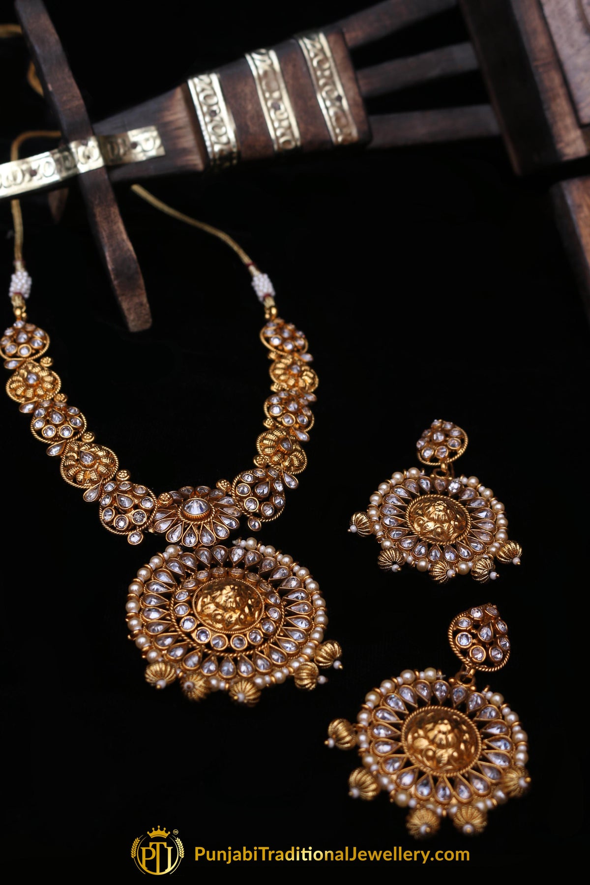 Ikhtiyaar White & Golden Polki Necklace Set By Punjabi Traditional Jewellery