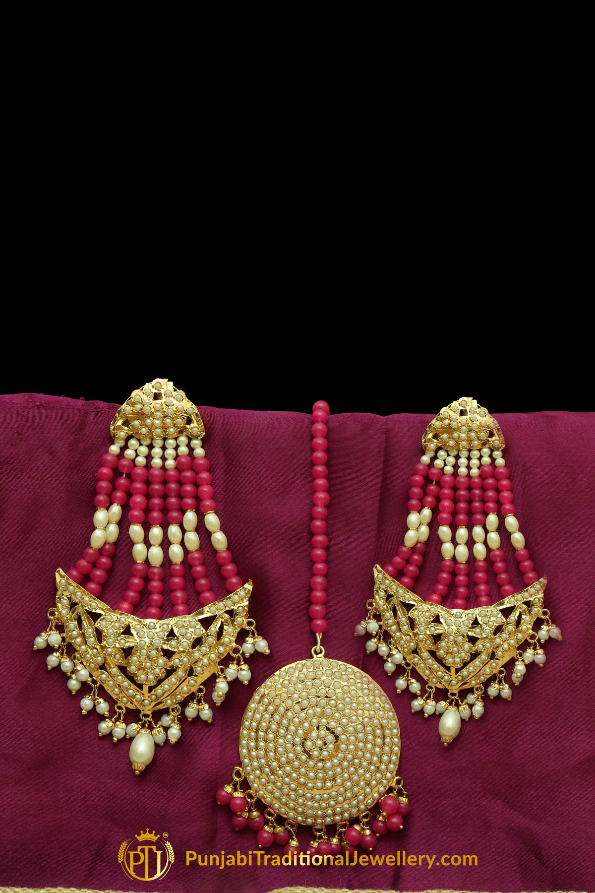 Pink Jadau Pearl Jhumar Earrings & Tikka Set By Punjabi Traditional Jewellery