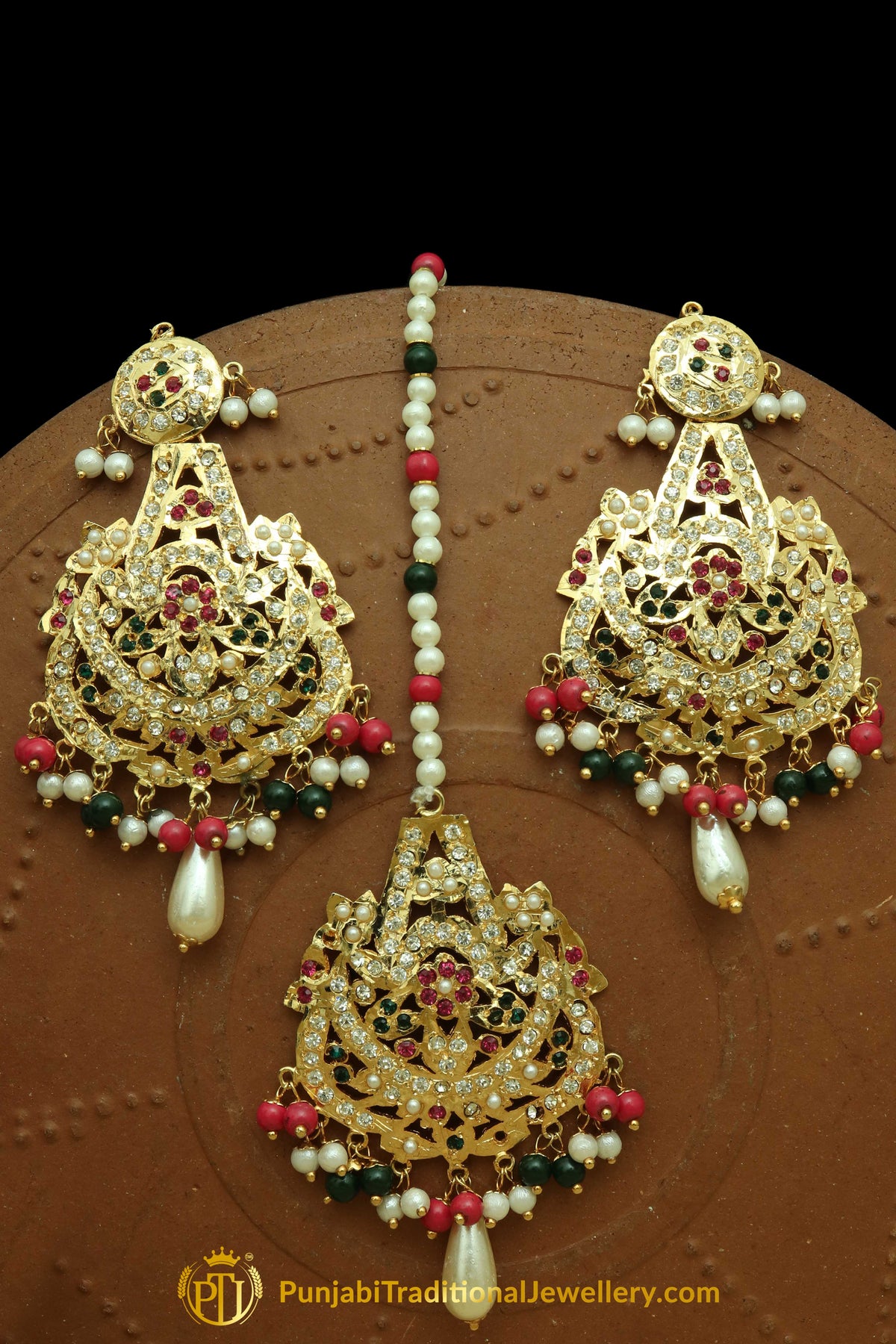 Multi Jadau Pearl Earring Tikka Set By Punjabi Traditional Jewellery