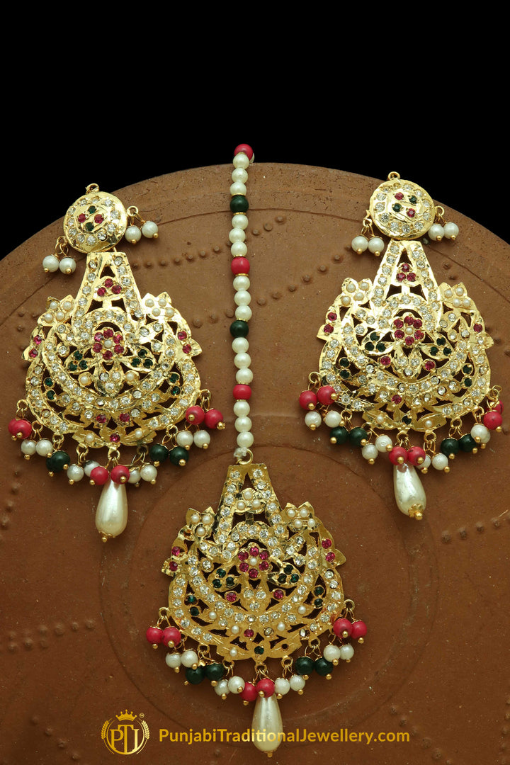 Multi Jadau Pearl Earring Tikka Set By Punjabi Traditional Jewellery