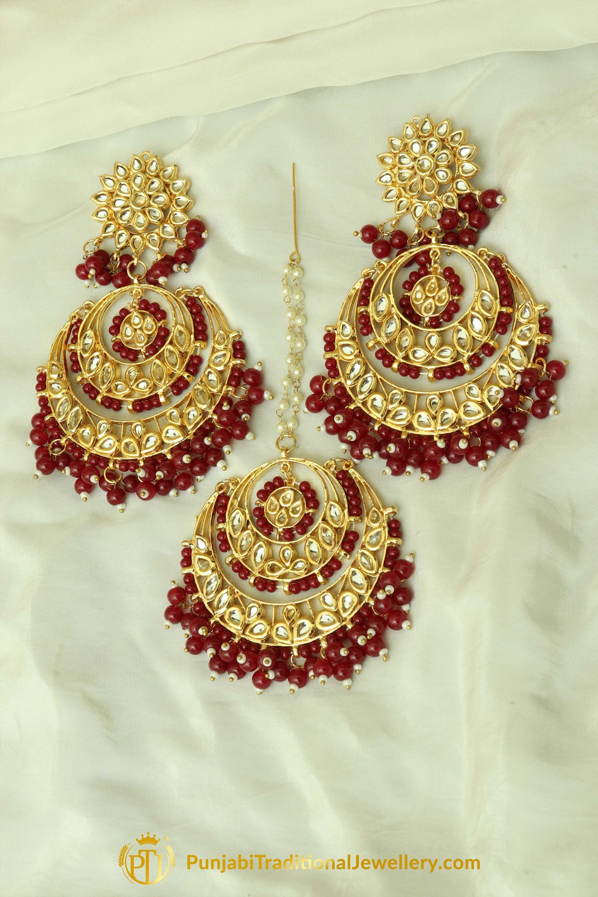 Rubby Kundan Earring Tikka Set By Punjabi Traditional Jewellery