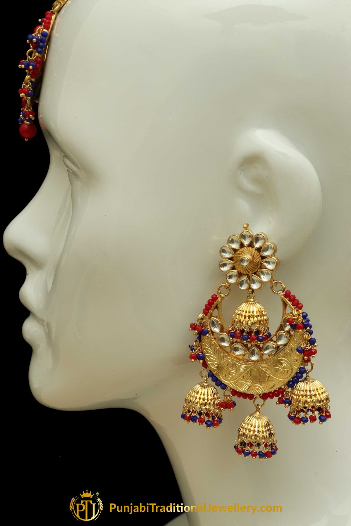 Red Blue Gold Plated Kundan Earring Tikka Set | Punjabi Traditional Jewellery Exclusive