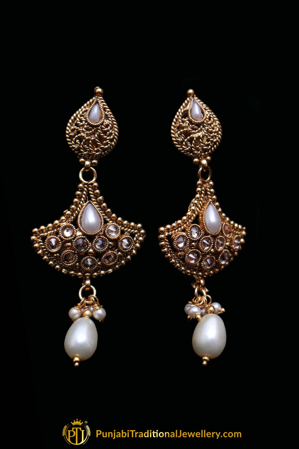 Qatra Antique Gold Pearl Polki Necklace Set By Punjabi Traditional Jewellery