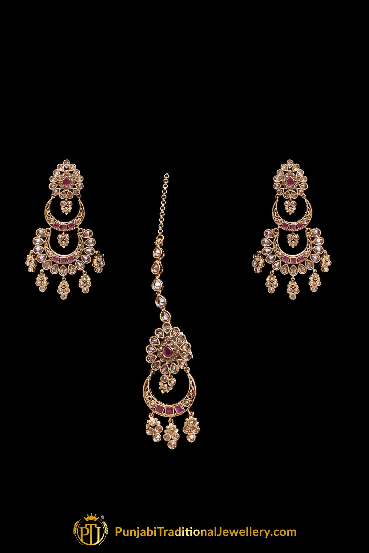 Red Champagne Stone Necklace Set By Punjabi Traditional Jewellery