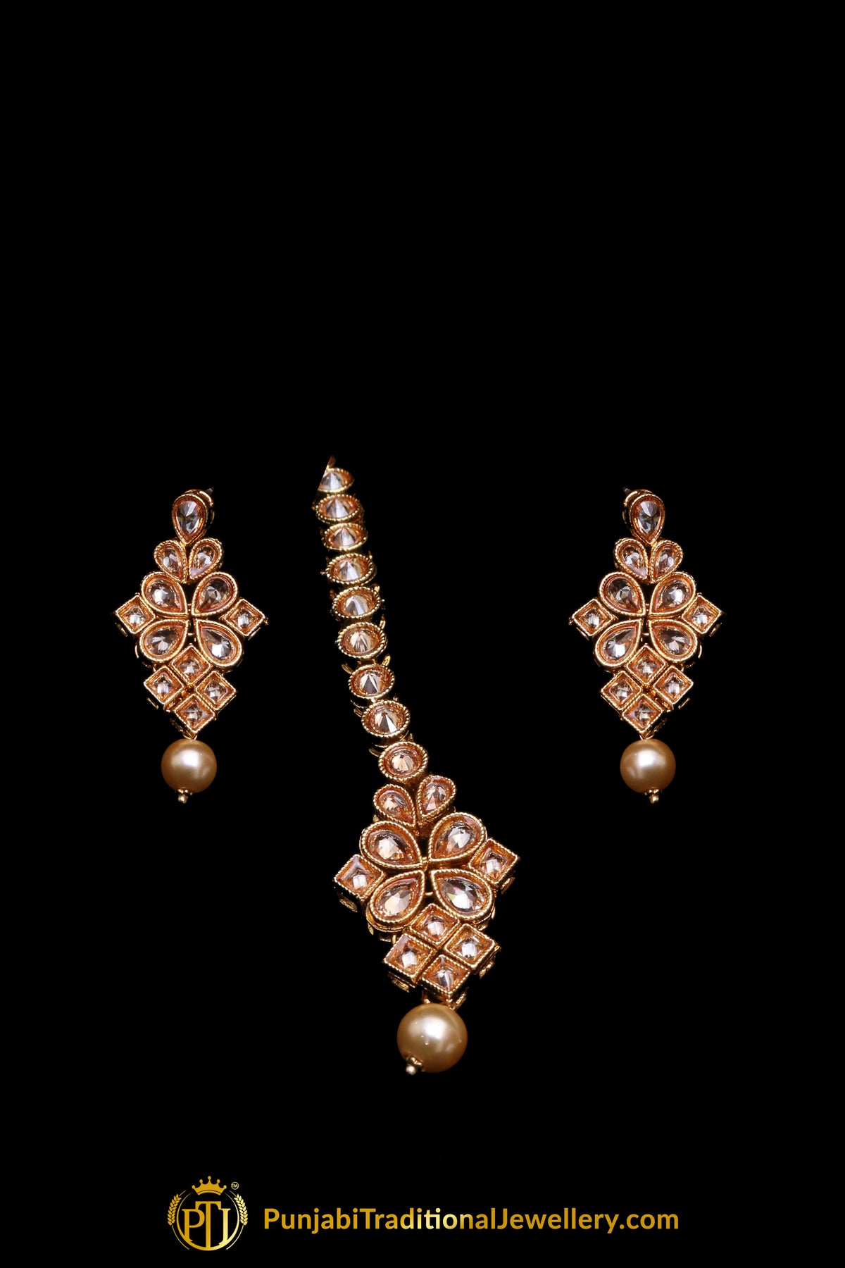Pearl Champagne Stone Necklace Set By Punjabi Taditional Jewellery