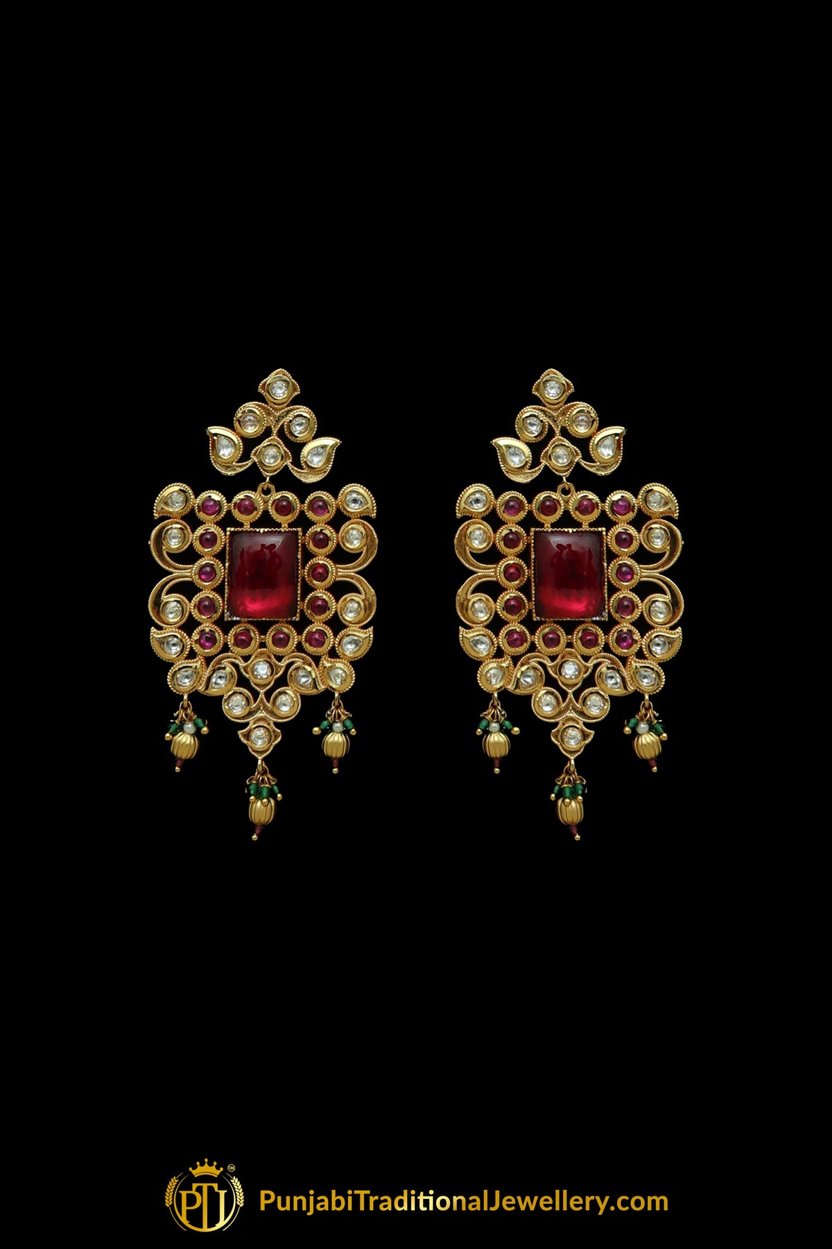 Matt Gold Green Red Polki Choker Necklace Set | Punjabi Traditional Jewellery Exclusive
