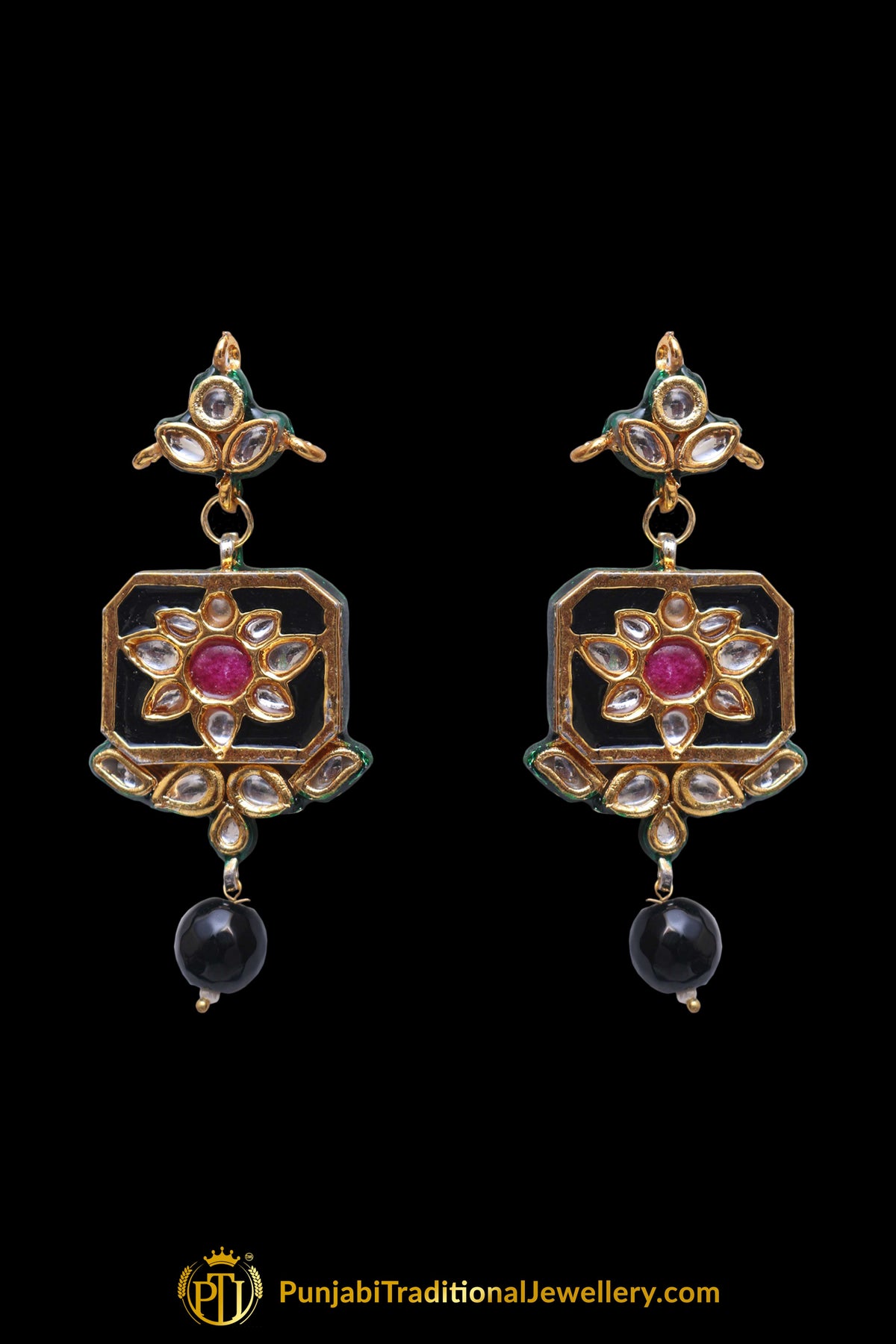 Red Black Kundan Meena Necklace Set By Punjabi Traditional Jewellery