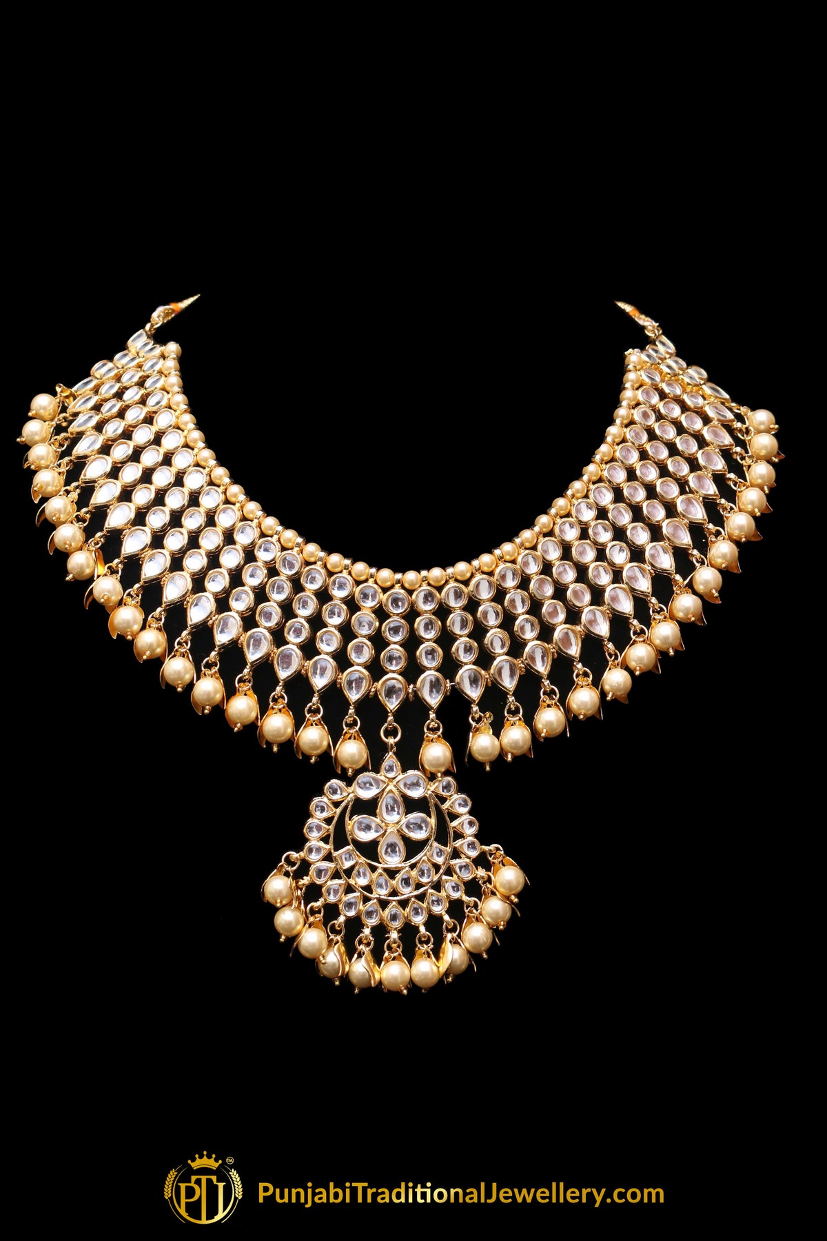 Golden Pearl Kundan Necklace Set Punjabi Traditional Jewellery