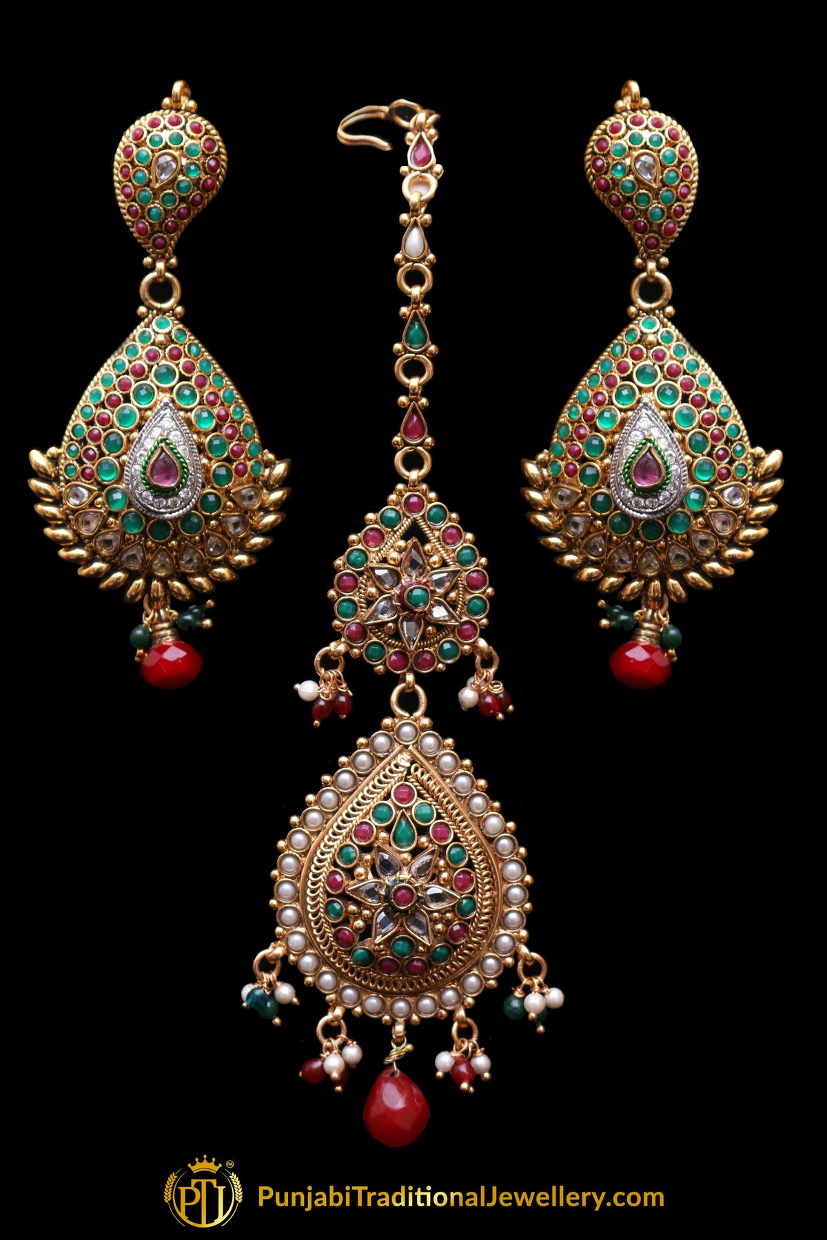 Multi Polki Earring Tikka Set By Punjabi Traditional Jewellery
