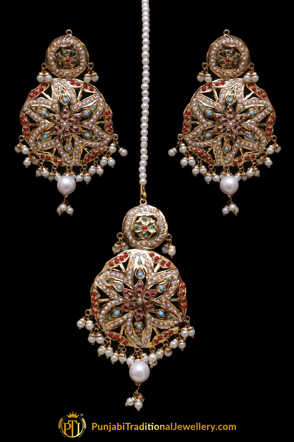 Multi Jadau Pearl Earring Tikka Set By Punjabi Traditional Jewellery