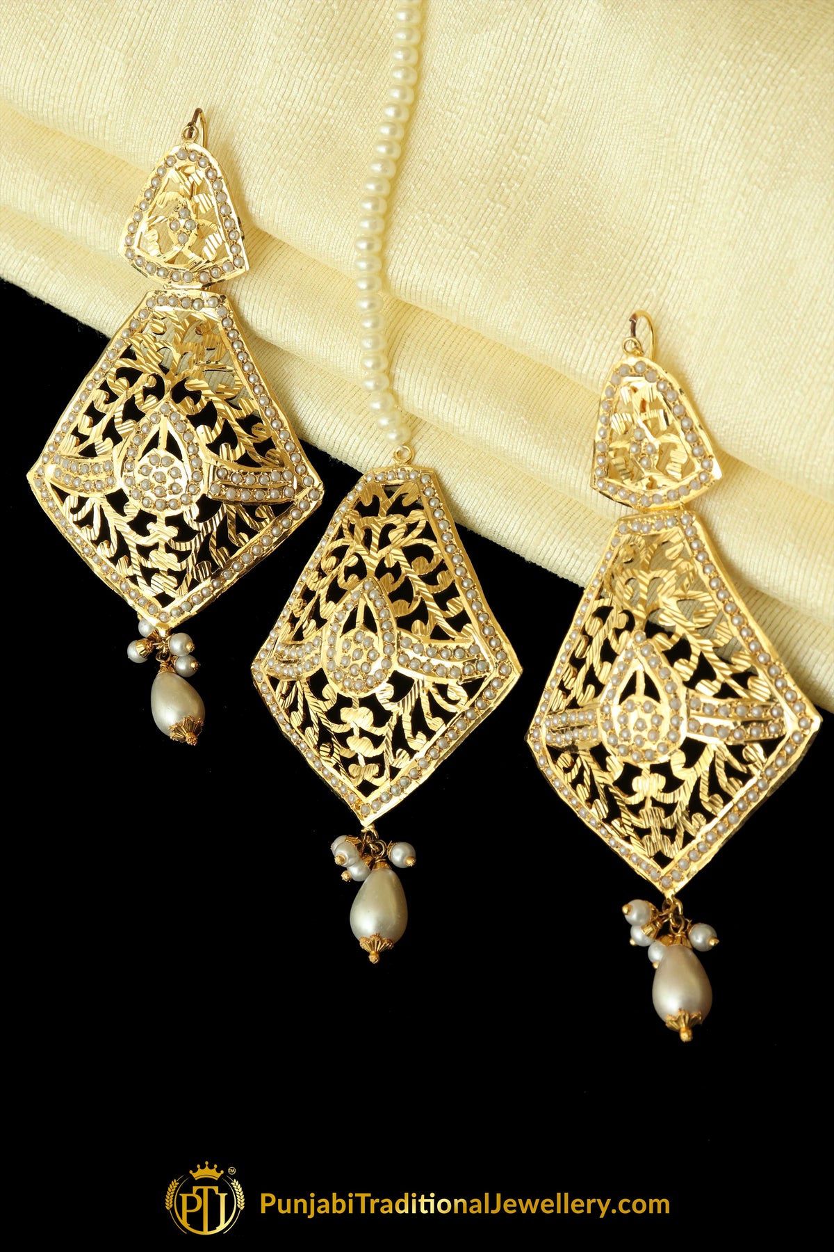 Golden Jadau Pearl Earring Tikka Set By Punjabi Traditional Jewellery