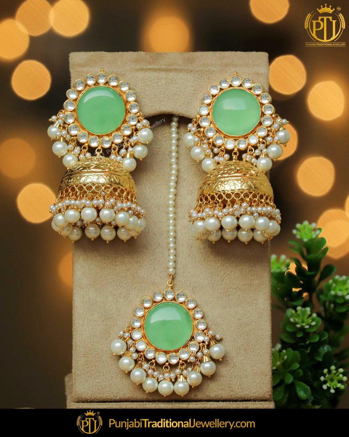 Arditi Gold Finished New Jade Tikka & Jhumki Earrings | Punjabi Traditional Jewellery Exclusive