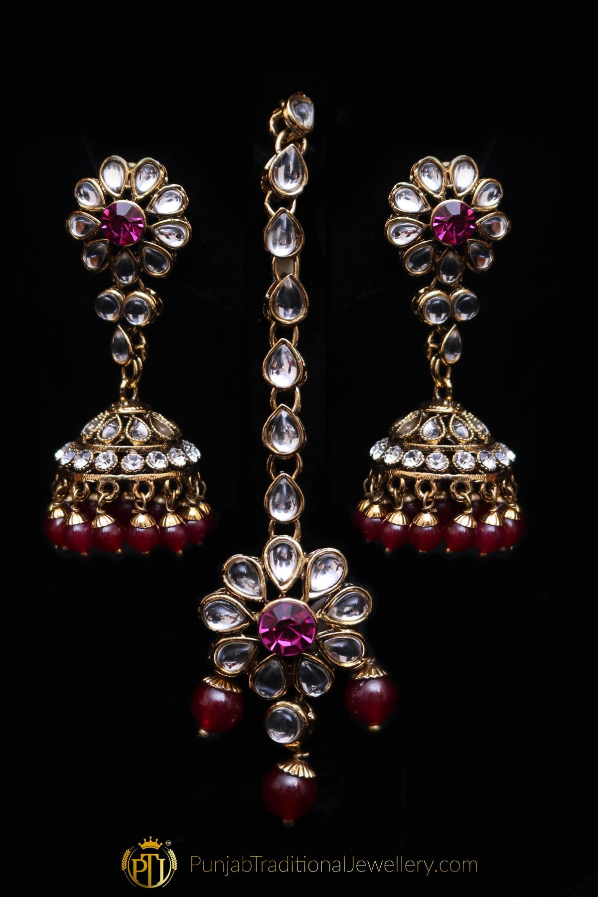Maroon Pearl Kundan Choker Necklace Set By Punjabi Traditional Jewellery