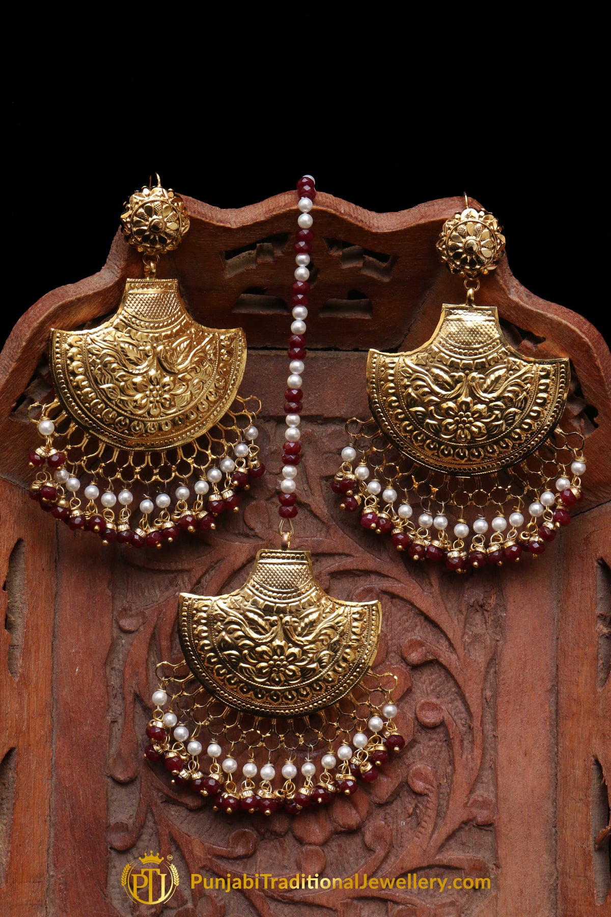 Maroon Earring Tikka Set By Punjabi Traditional Jewellery