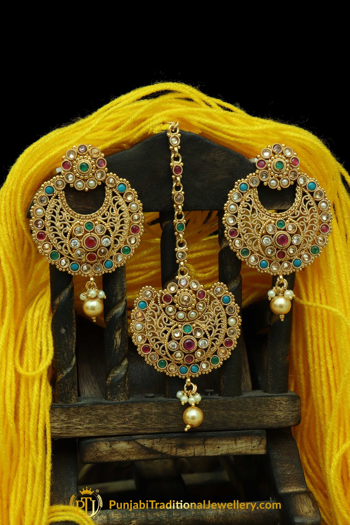 Multi Polki Earrings Tikka Set By Punjabi Traditional Jewellery