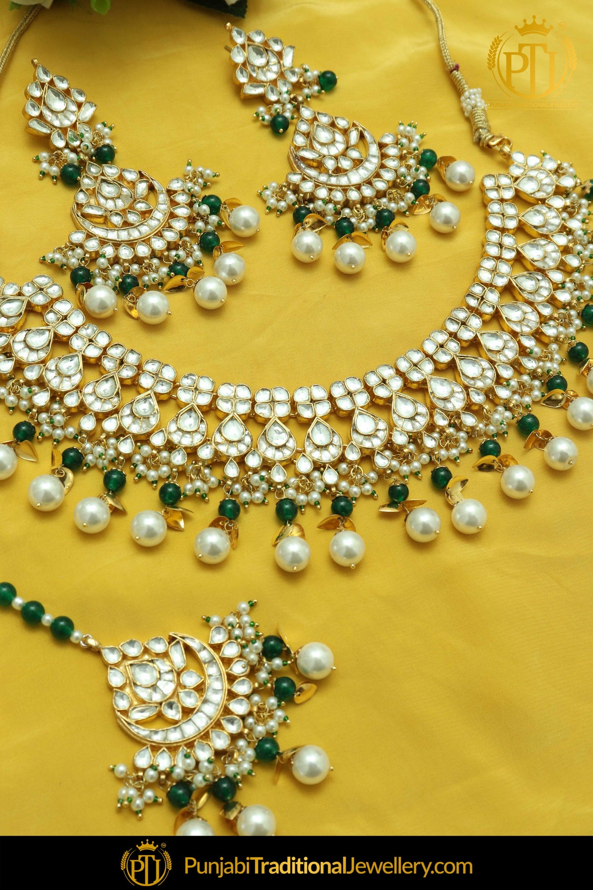 Durrah Emerald Kundan Pearl Necklace Set | Punjabi Traditional Jewellery Exclusive