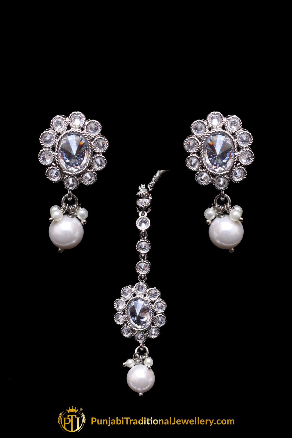 Silver Polki Pearl Necklace Set By Punjabi Traditional Jewellery