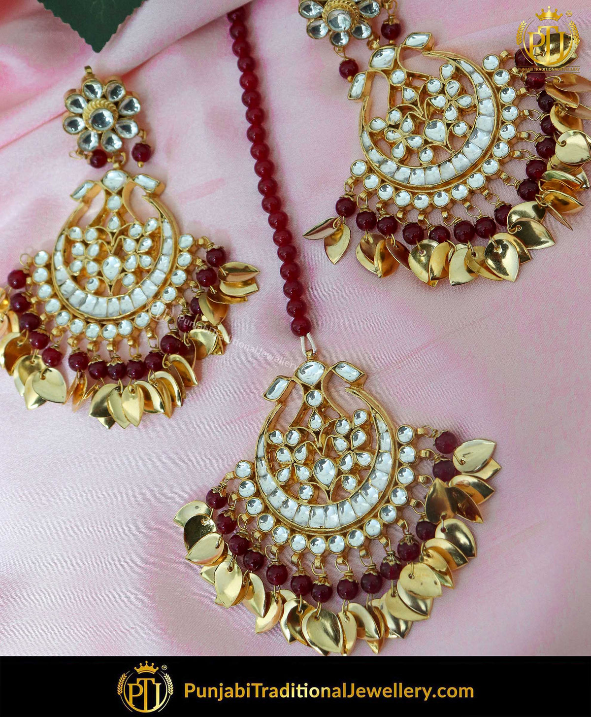 Gold Finished Pippal Patti Maroon Kundan Earrings & Tikka Set | Punjabi Traditional Jewellery Exclusive