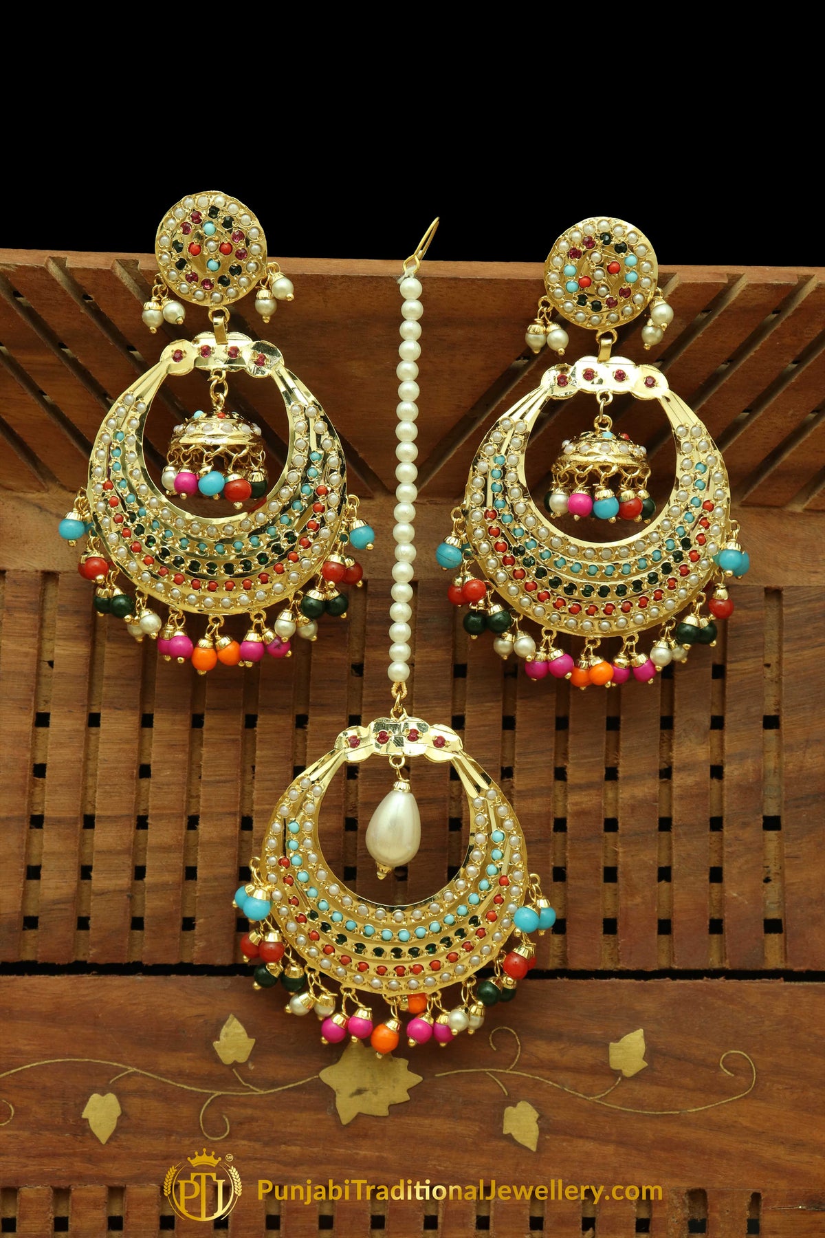 Multi Jadau Pearl Earring Tikka Set By Punjabi Traditional Jewellery